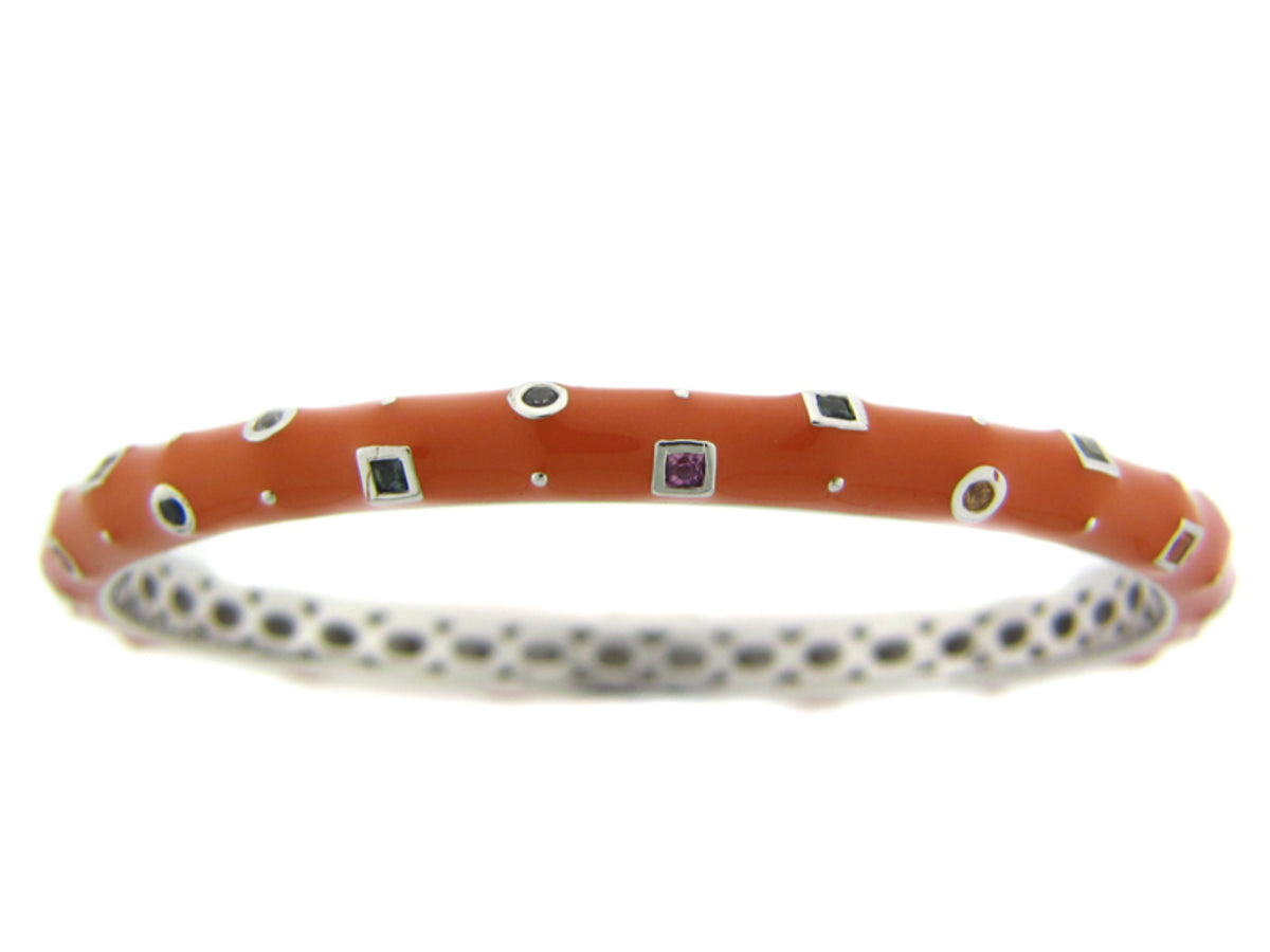 RAINBOW SAPPHIRE/ORANGE ENAMEL BANGLE,SILVER (E/U)