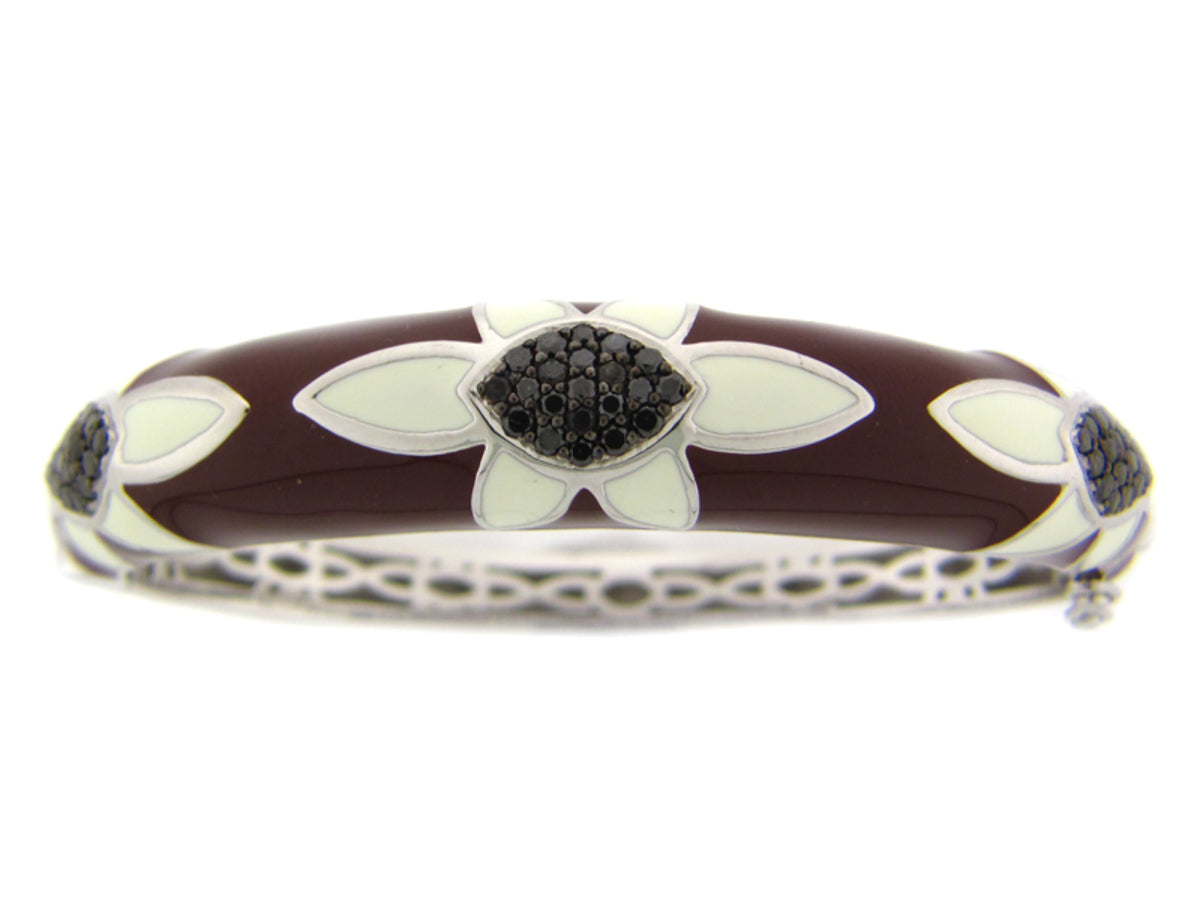 BLACK DIAMOND/CREAM & BROWN ENAMEL BANGLE, SILVER (R)