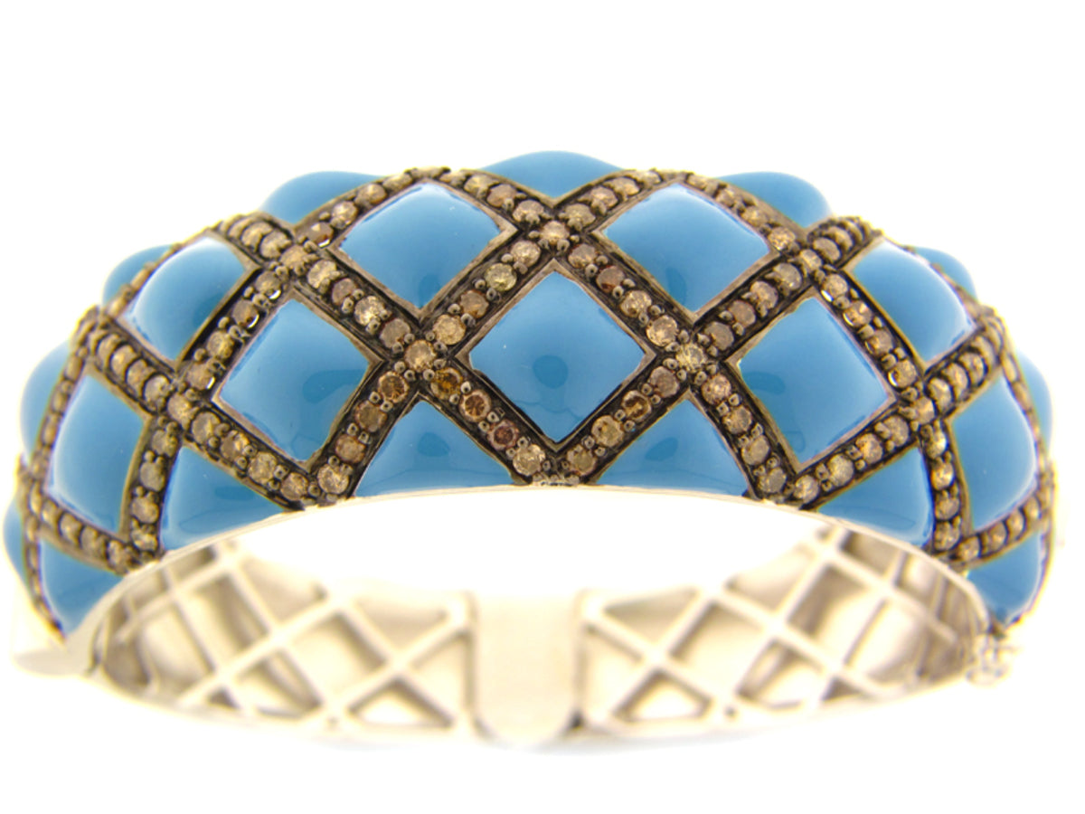 BROWN DIAMOND/BLUE ENAMEL BANGLE, SILVER (N)