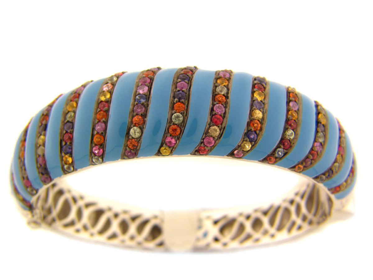 RAINBOW SAPPHIRE/BLUE ENAMEL BANGLE, SILVER (E/U)