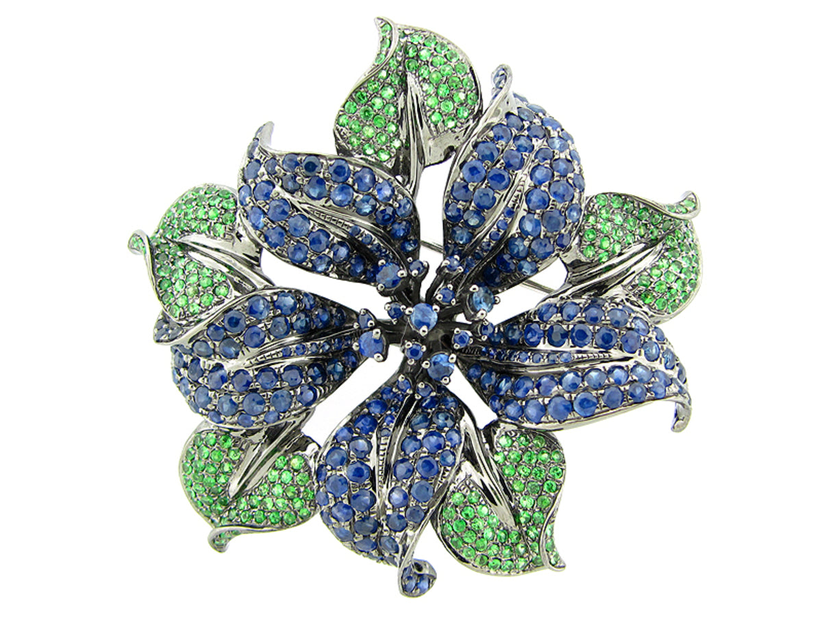 SAPPHIRE &TSAVORITE BROACH, BLACK FINISH, SILVER (H/N)