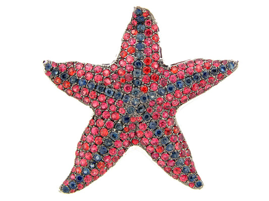 BLUE & ORANGE SAPPHIRE BROACH, SILVER (H/U)