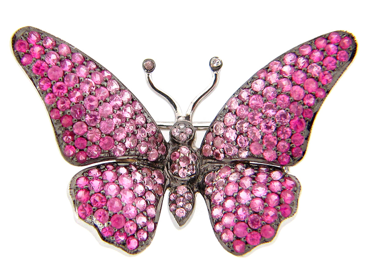 PINK SAPPHIRE BUTTERFLY BROOCH, BLACK FINISH, SILVER (E)
