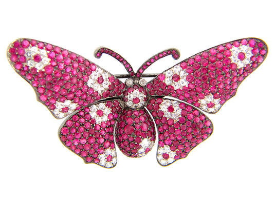 RUBY & WHITE SAPPHIRE BROACH, BLACK RHODIUM, SILVER (H)