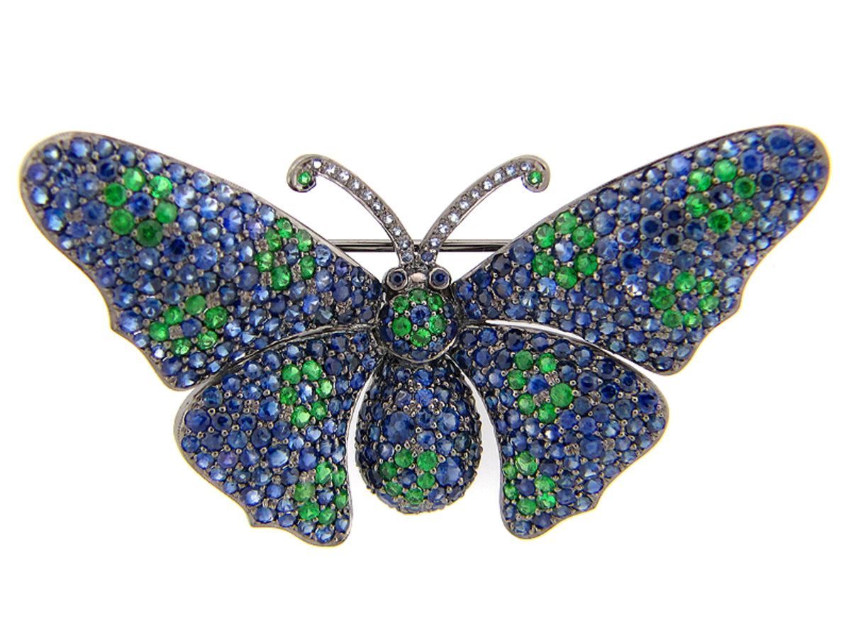 SAPPHIRE & TSAVORITE BROOCH, BLACK FINISH, SILVER (E)