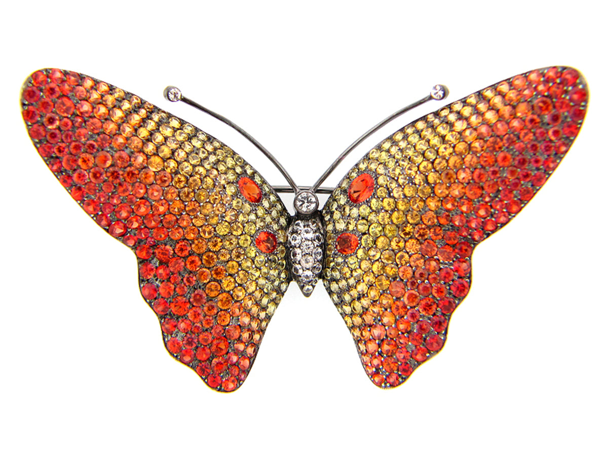 ORANGE, YELLOW & WHITE SAPPHIRE BROOCH, BLACK FINISH, SILVER (E/U)