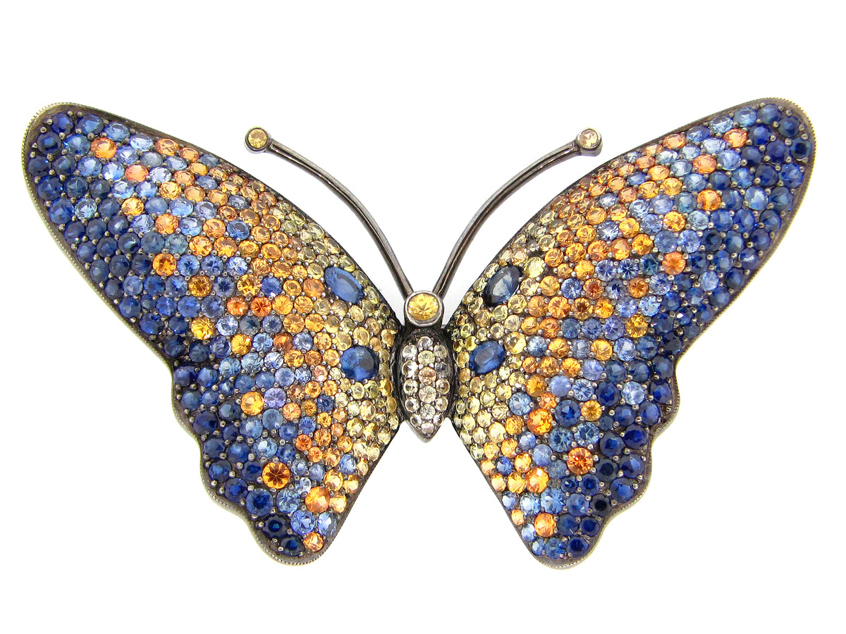 BLUE & YELLOW SAPPHIRE BROACH, BLACK FINISH, SILVER (E)