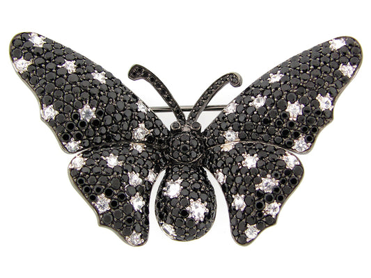 BLACK SPINEL & WHITE SAPPHIRE BROACH, BLACK FINISH, SILVER (N/H)