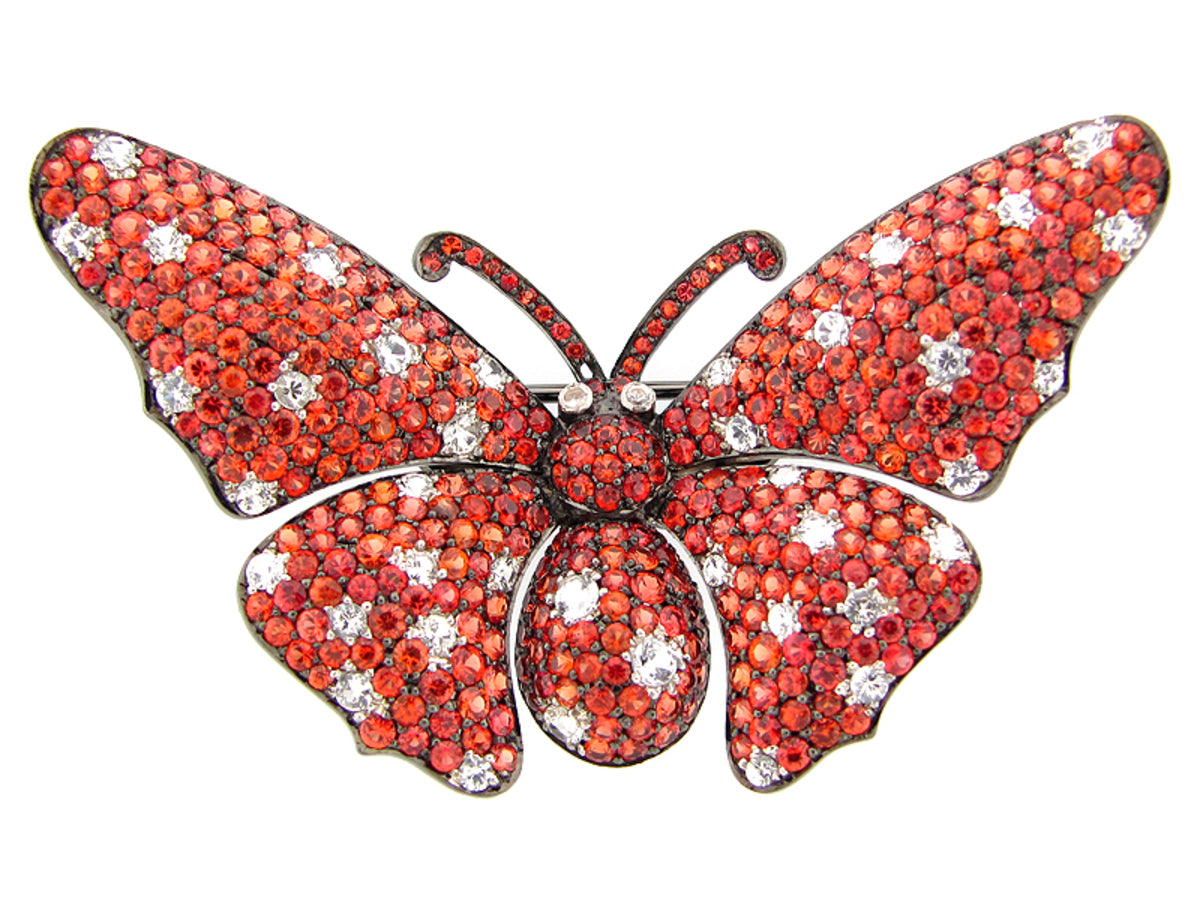 ORANGE & WHITE SAPPHIRE BROACH, BLACK FINISH, SILVER (H/U)