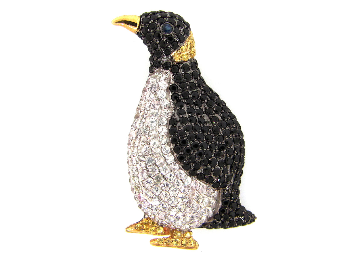 YELLOW & WHITE SAPPHIRE, BLACK SPINEL PENGUIN  BROOCH , SILVER (N/H)