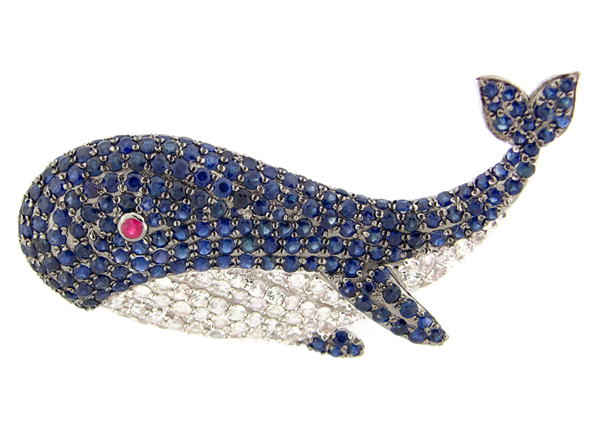 BLUE & WHITE SAPPHIRE & RUBY WHALE BROOCH, SILVER (H)