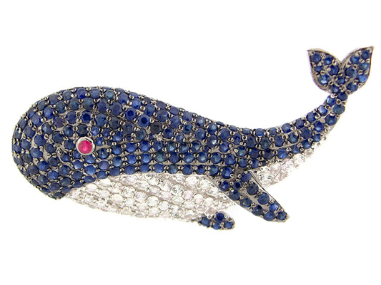BLUE & WHITE SAPPHIRE & RUBY WHALE BROOCH, SILVER (H)