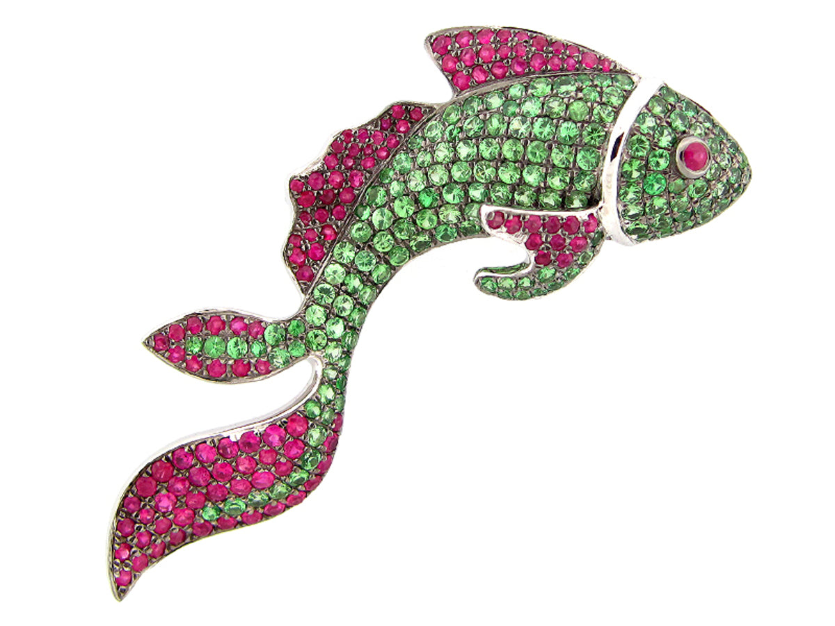 RUBY & TSAVORITE FISH BROOCH, SILVER (H)