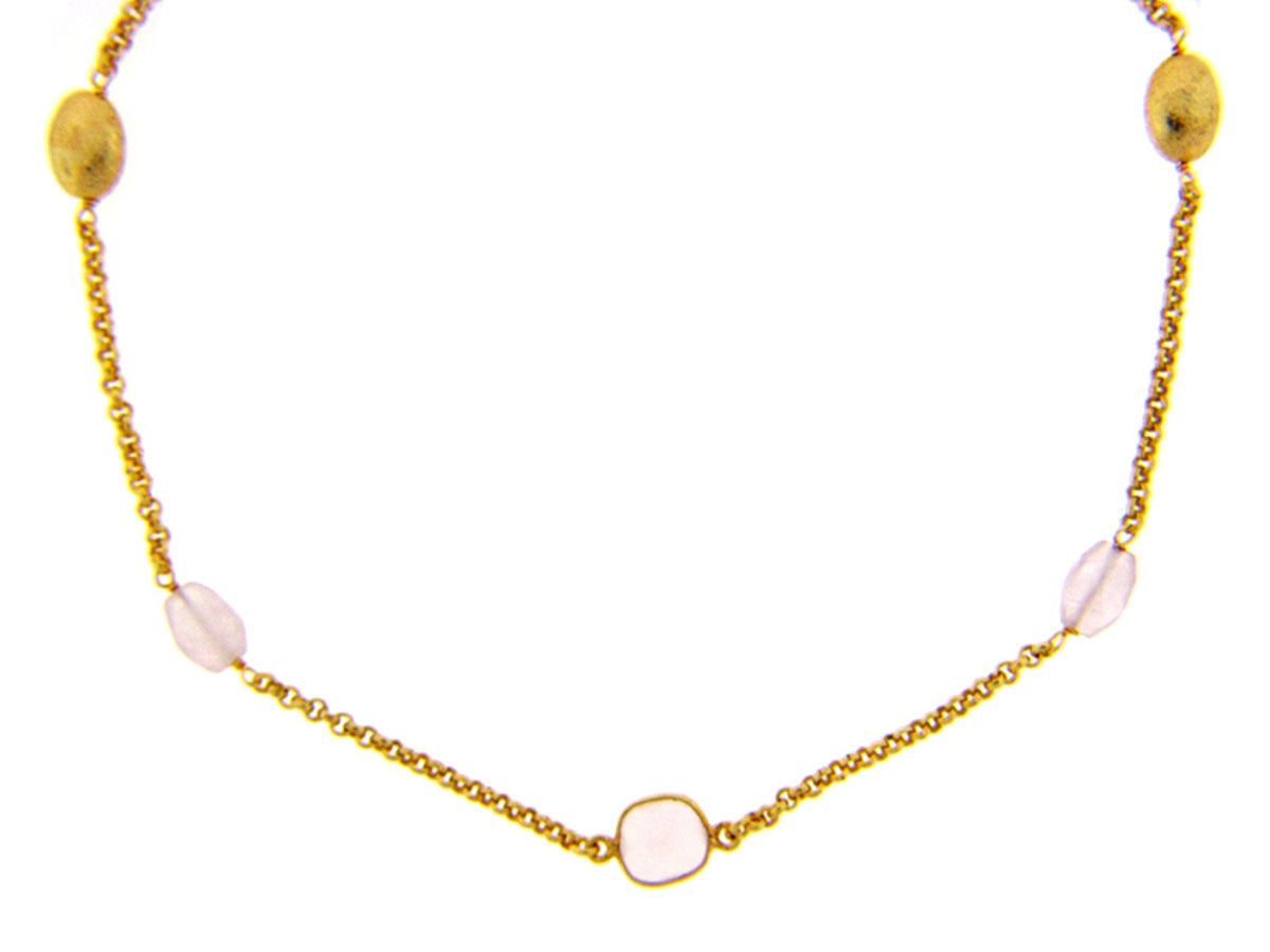 ROSE QUARTZ & FRESHWATER PEARL NECKLACE, SILVER-YELLOW GOLD PLATE