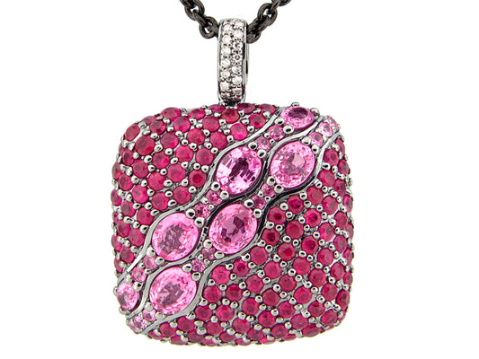 RUBY, PINK SAPPHIRE  & DIAMOND PENDANT, BLACK FINISH, SILVER (H)