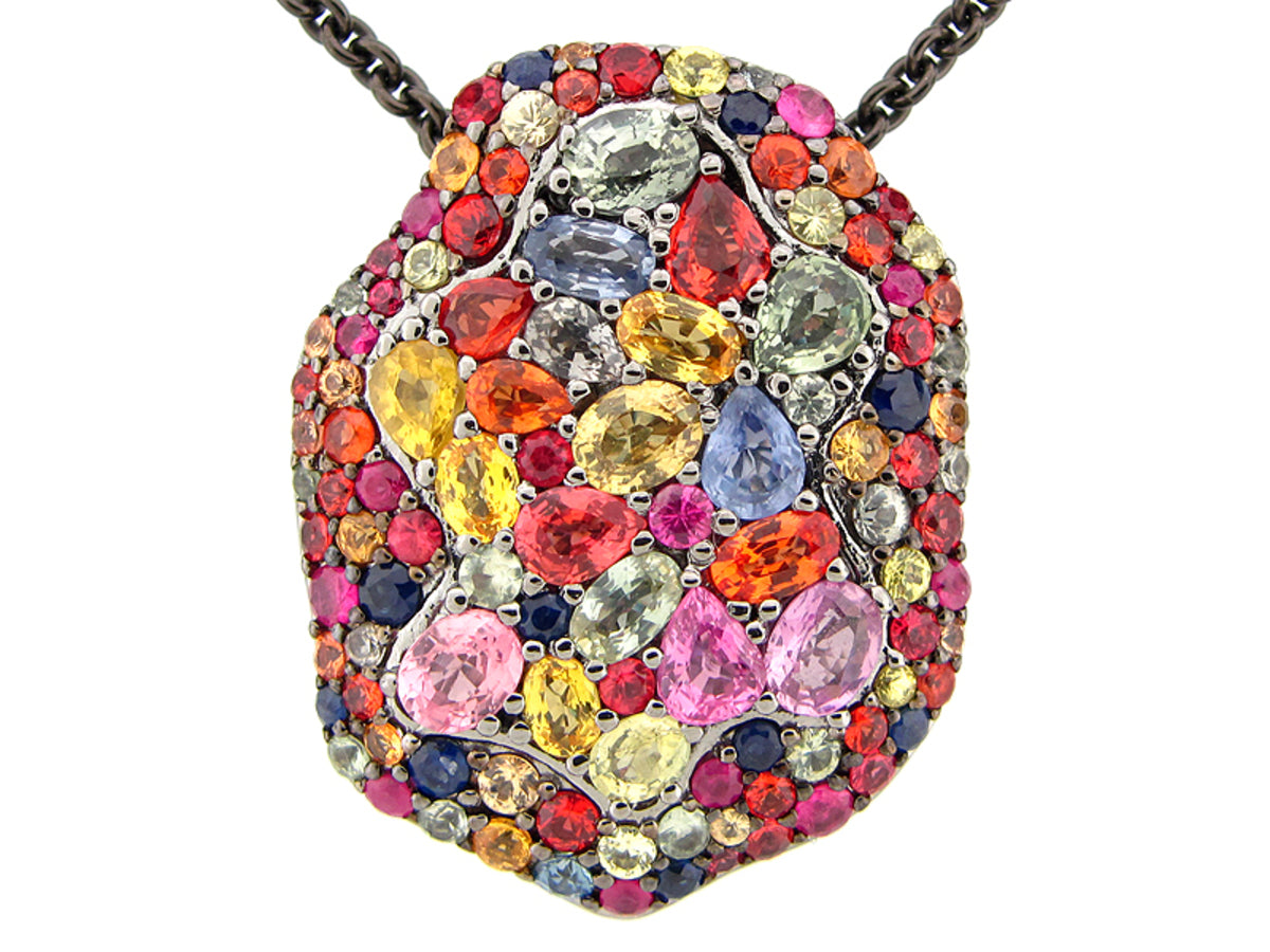 RAINBOW SAPPHIRE PENDANT WITH 24" CHAIN, BLACK FINISH, SILVER (H/U)