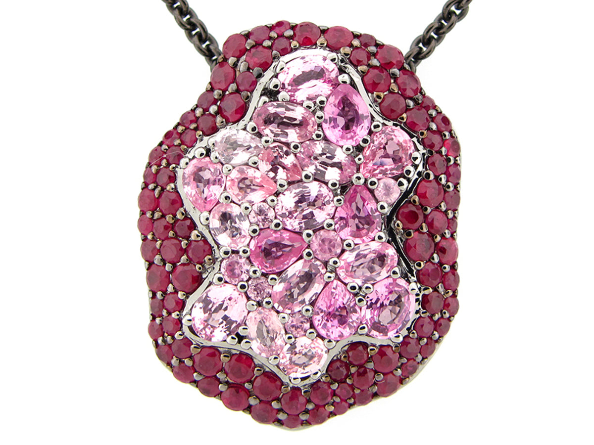 RUBY & PINK SAPPHIRE PENDANT WITH 24" CHAIN, BLACK FINISH, SILVER (H)