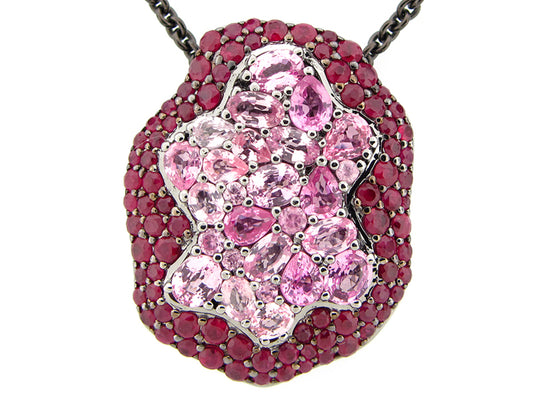 RUBY & PINK SAPPHIRE PENDANT WITH 24" CHAIN, BLACK FINISH, SILVER (H)