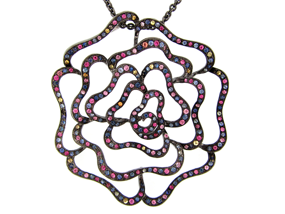 RAINBOW SAPPHIRE PENDANT, BLACK FINISH, 30" CHAIN, SILVER (H/U)