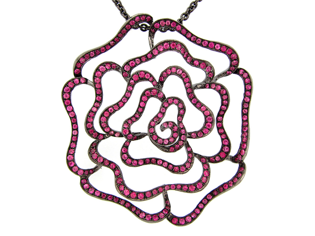 PINK SAPPHIRE PENDANT, BLACK FINISH, 30" CHAIN, SILVER (H)