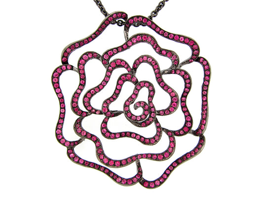 PINK SAPPHIRE PENDANT, BLACK FINISH, 30" CHAIN, SILVER (H)