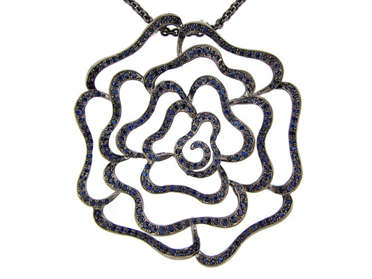 Sapphire Pendant,Black Finish, 30" Chain, Silver (H)