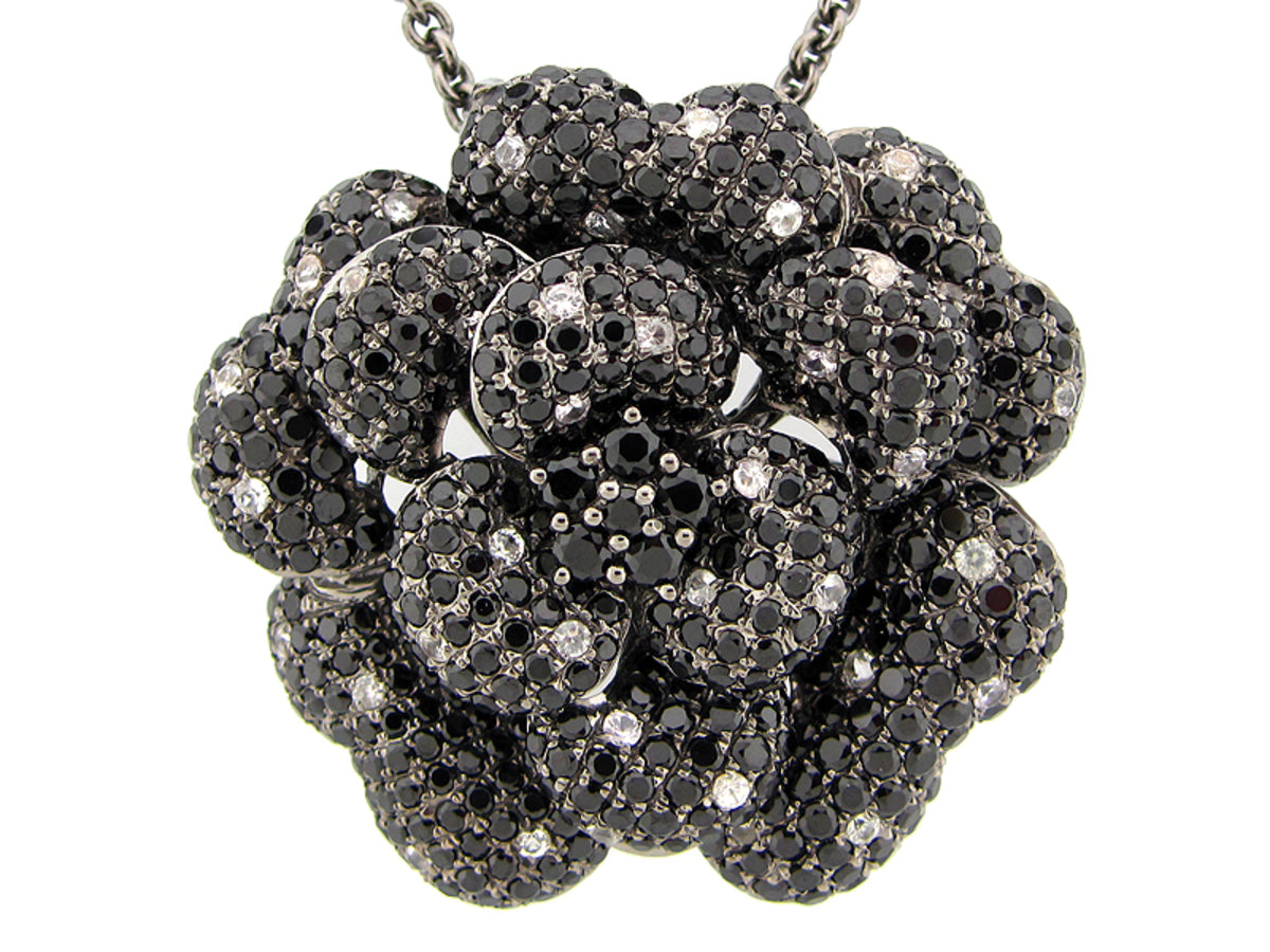 BLACK SPINEL & WHITE SAPPHIRE PENDANT, BLACK FINISH, 24" CHAIN, SILVER (N/H)