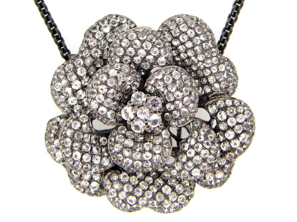 WHITE SAPPHIRE PENDANT, BLACK FINISH,24" CHAIN,  SILVER (H)