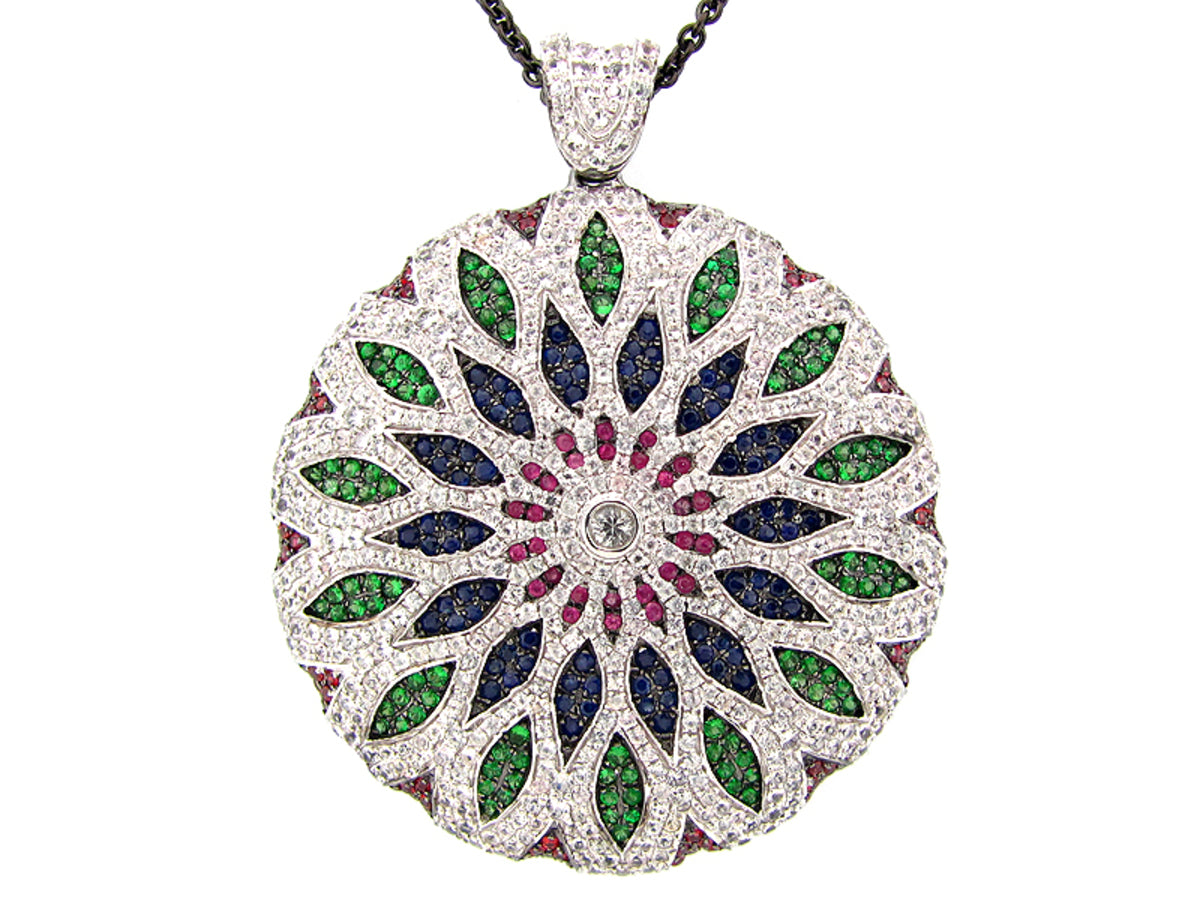FANCY SAPPHIRE & TSAVORITE PENDANT, BLACK FINISH,34"/36 " CHAIN,  SILVER (H/U)