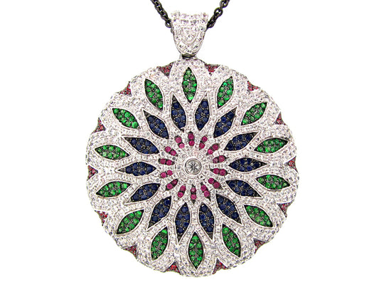 FANCY SAPPHIRE & TSAVORITE PENDANT, BLACK FINISH,34"/36 " CHAIN,  SILVER (H/U)