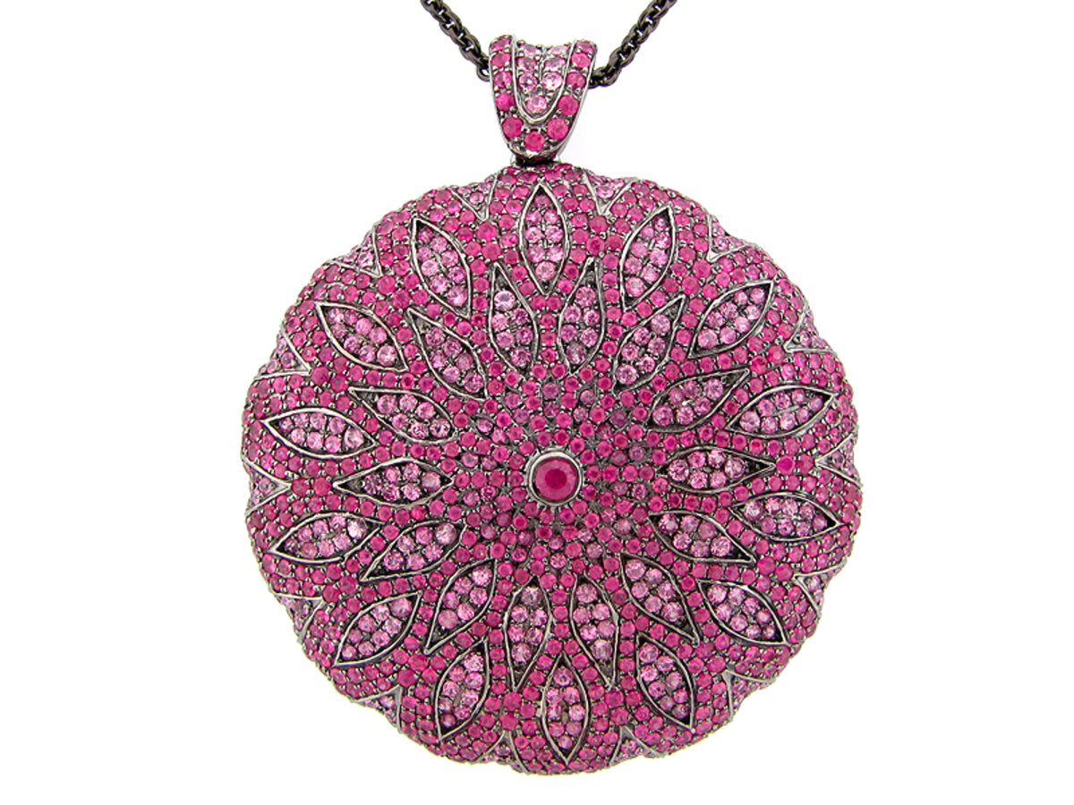 PINK SAPPHIRE PENDANT, BLACK FINISH, 34"/36" CHAIN, SILVER (H)