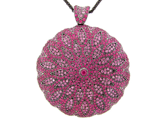 PINK SAPPHIRE PENDANT, BLACK FINISH, 34"/36" CHAIN, SILVER (H)