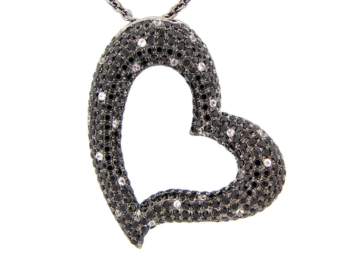BLACK SPINEL & WHITE SAPPHIRE PAVE HEART PENDANT, BLACK FINISH, SILVER (N/H)
