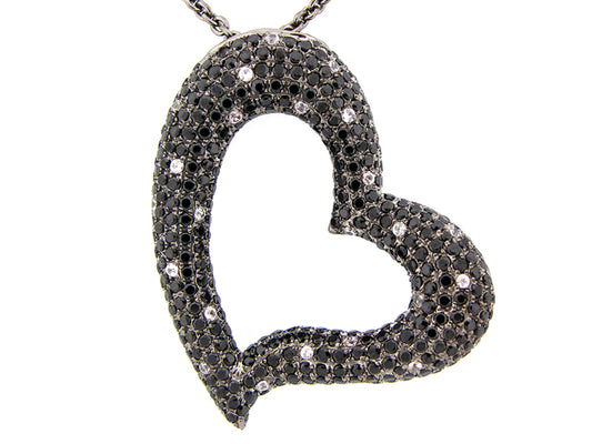 BLACK SPINEL & WHITE SAPPHIRE PAVE HEART PENDANT, BLACK FINISH, SILVER (N/H)