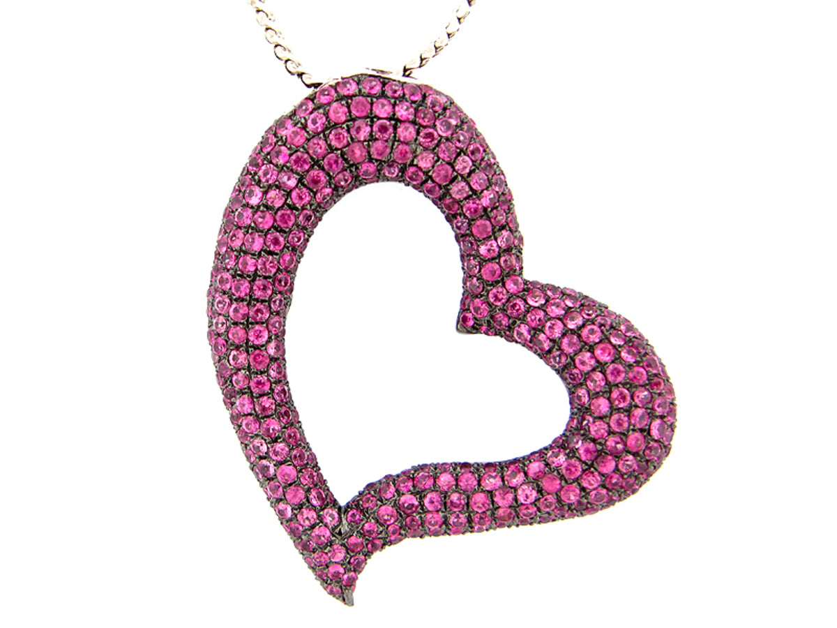 PINK SAPPHIRE PAVE HEART PENDANT, 24" CHAIN, SILVER (H)