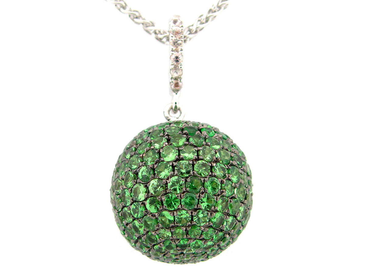 15MM, WHITE SAPPHIRE & TSAVORITE BALL PENDANT, 18" CHAIN, SILVER (H)
