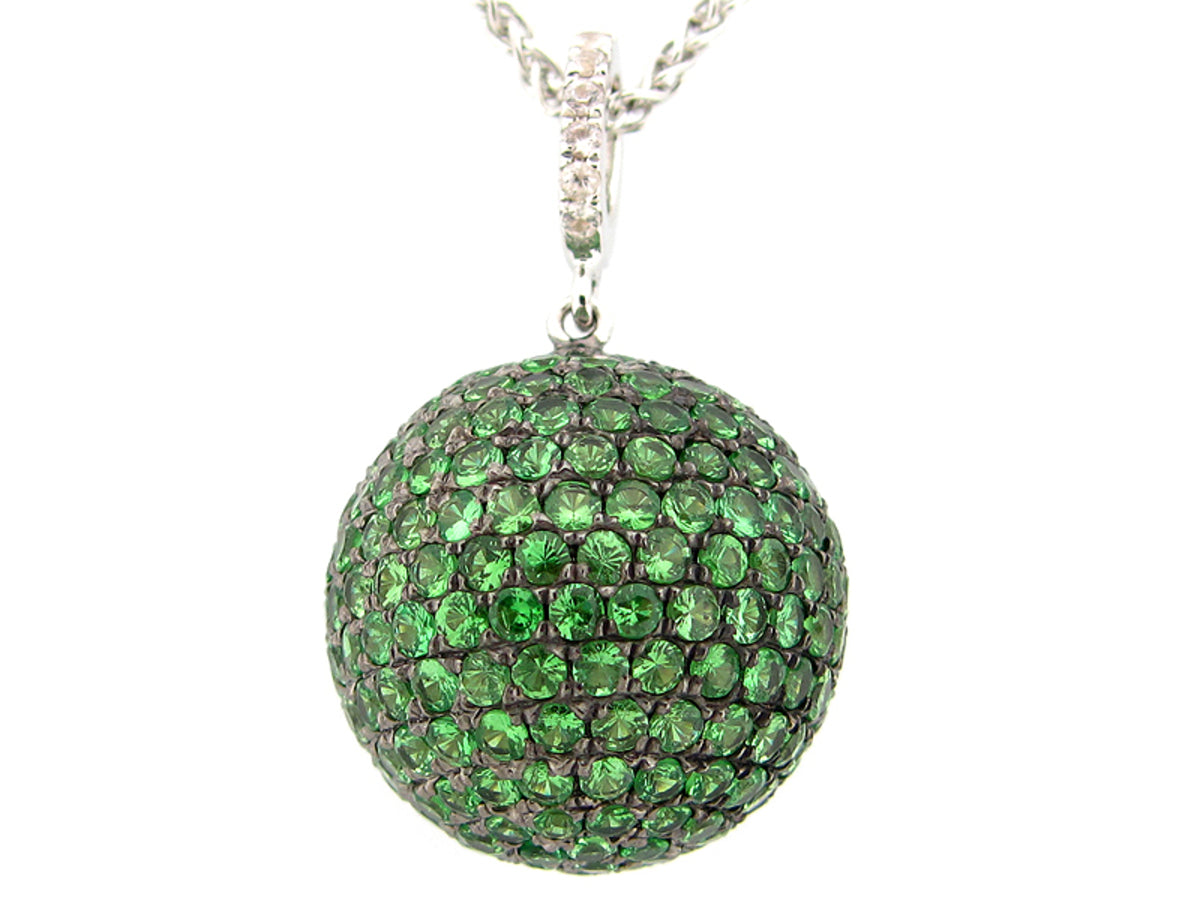 17MM, WHITE SAPPHIRE & TSAVORITE BALL PENDANT, 20" CHAIN, SILVER (H)