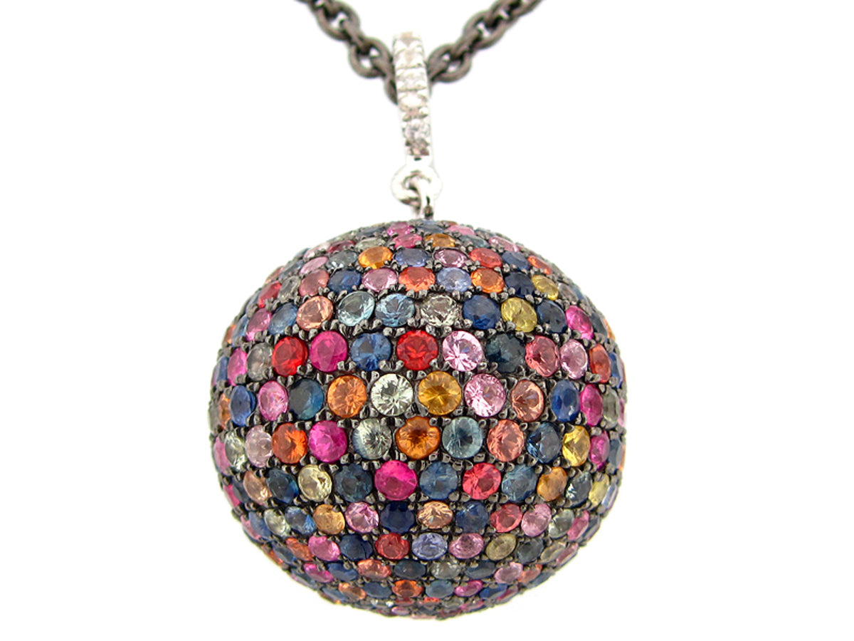 20MM, RAINBOW SAPPHIRE BALL, PENDANT, BLACK FINISH, 24" CHAIN, SILVER (H/U)