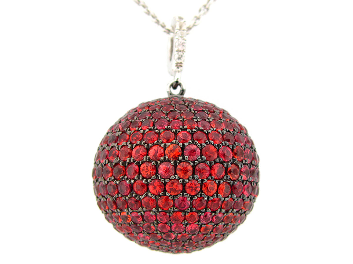 20MM, ORANGE & WHITE SAPPHIRE BALL PENDANT, 24" CHAIN, SILVER (H/U)