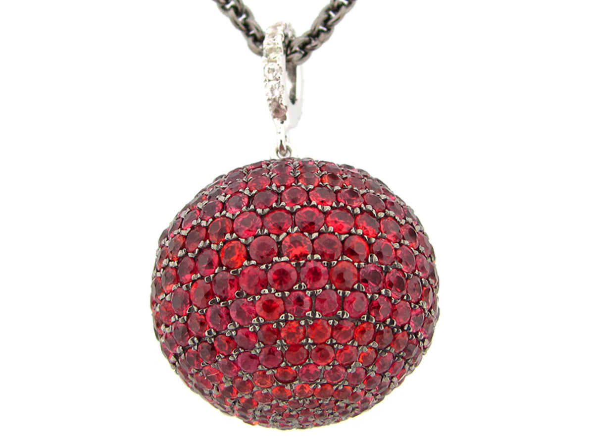 20MM, ORANGE & WHITE SAPPHIRE BALL PENDANT, 24" CHAIN, BLACK FINISH, SILVER (H/U)