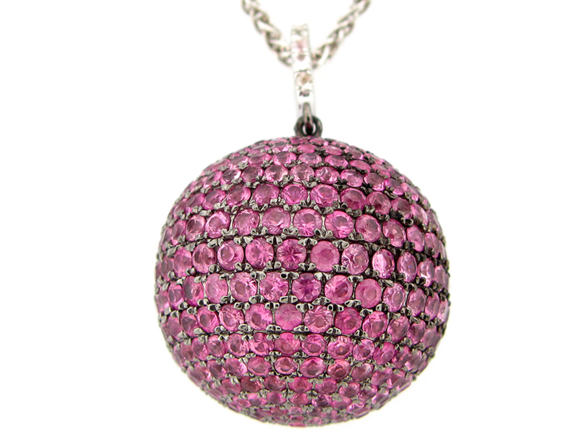 20MM, WHITE & PINK SAPPHIRE BALL PENDANT, 24" CHAIN, SILVER (H)