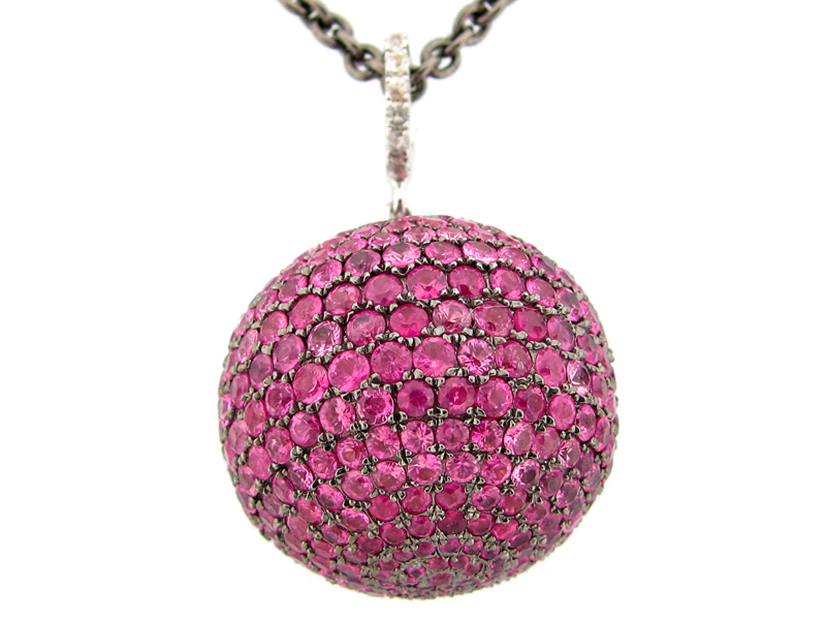 20MM, WHITE & PINK SAPPHIRE BALL PENDANT,24" CHAIN,  BLACK FINISH,  SILVER (H)