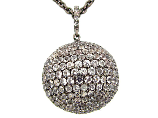20MM, WHITE SAPPHIRE BALL PENDANT, 24" CHAIN,  BLACK FINISH, SILVER (H)