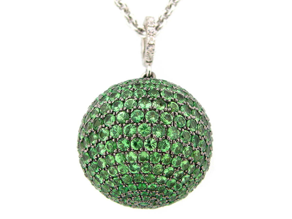 20MM, WHITE SAPPHIRE & TSAVORITE BALL PENDANT, 24" CHAIN, SILVER (H)
