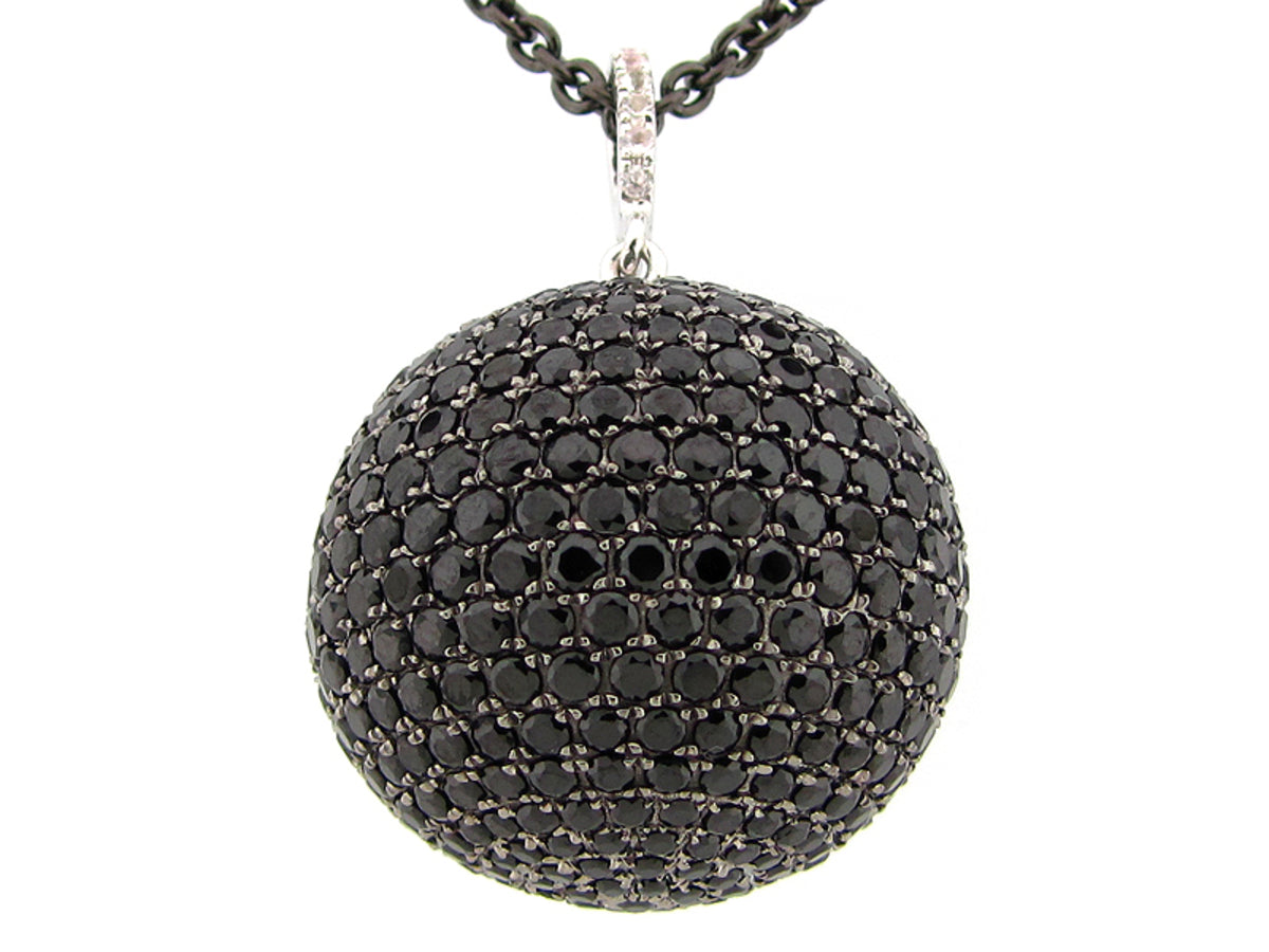25MM, BLK SPINEL & WHITE SAPPHIRE BALL PENDANT, 36" CHAIN, BLK FINISH, SILVER (N/H)