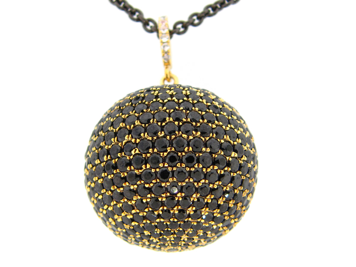 25MM, BLACK SPINEL & WHITE SAPPHIRE BALL PENDANT, 36" CHAIN, YELLOW FINISH