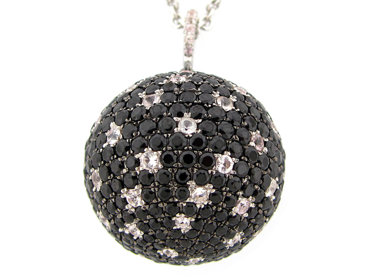 25MM, BLACK SPINEL & WHITE SAPPHIRE BALL PENDANT, 36" CHAIN, SILVER (N/H)