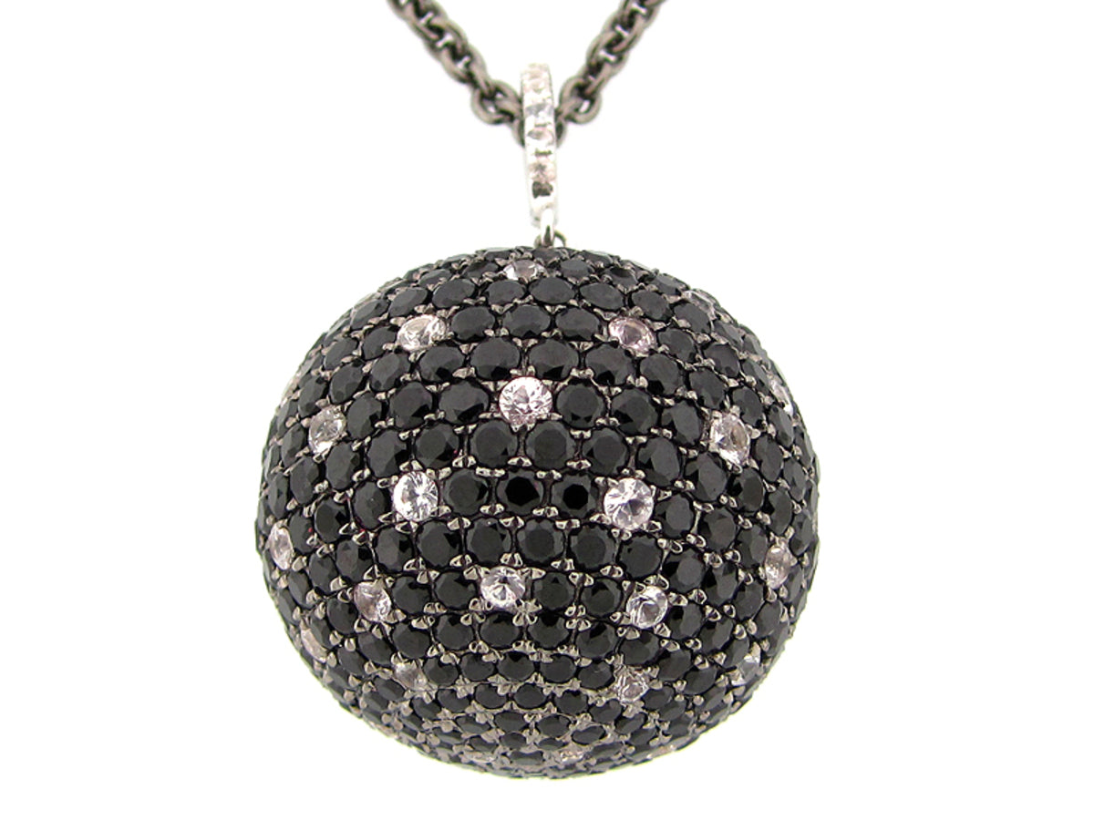 25MM, BLACK SPINEL & WHITE SAPPHIRE BALL PENDANT,36" CHAIN,  BLACK FINISH, SILVER (N/H)
