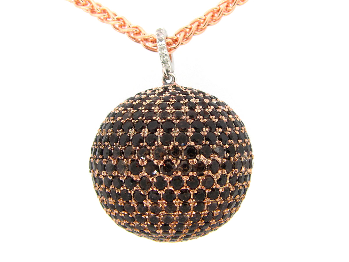 25MM, SMOKEY QUARTZ & WHITE SAPPHIRE PENDANT, 36" CHAIN, ROSE FINISH, SILVER (H)