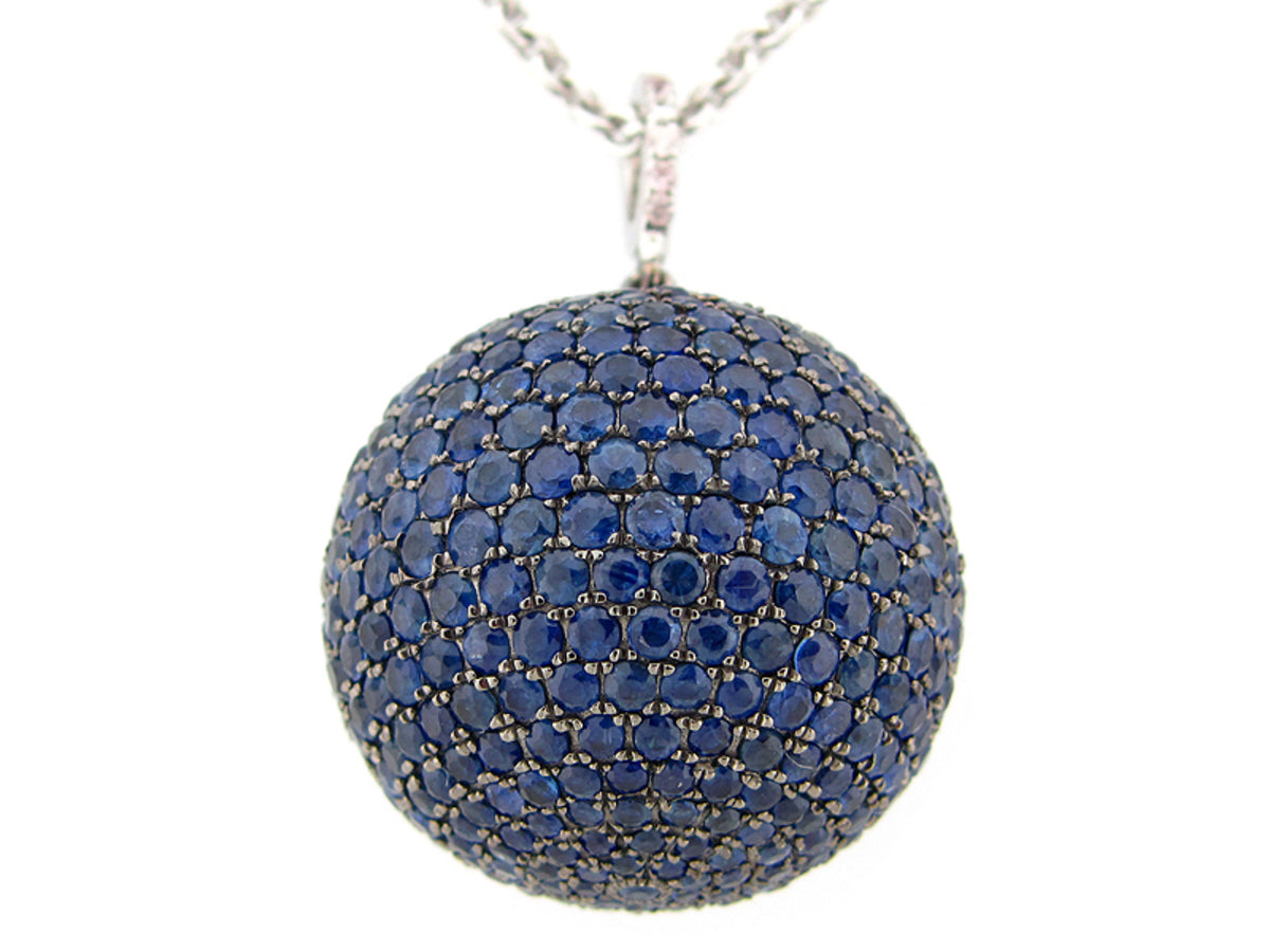25MM, BLUE & WHITE SAPPHIRE BALL PENDANT, 36" CHAIN, SILVER (H)
